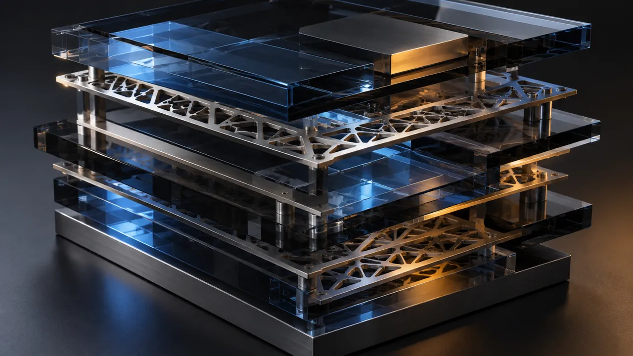 Blue-lit abstract layered computational structure