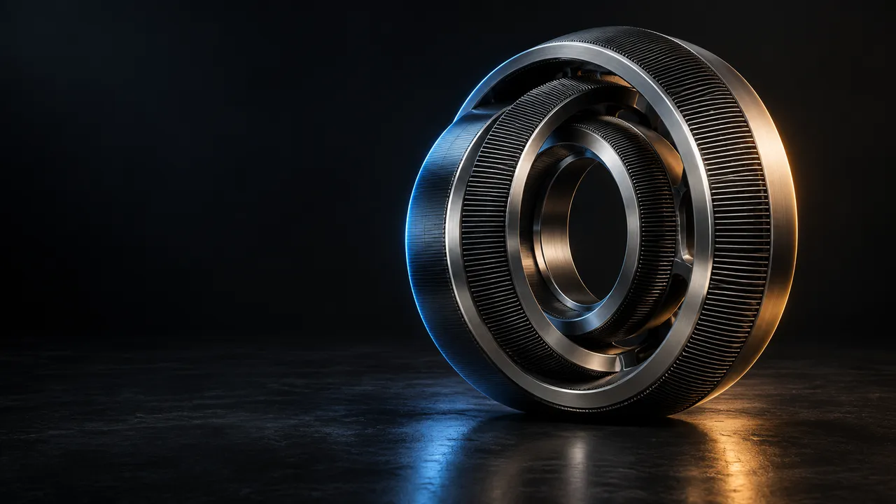 Sculptural metallic engineering assembly, lit with blue and amber light