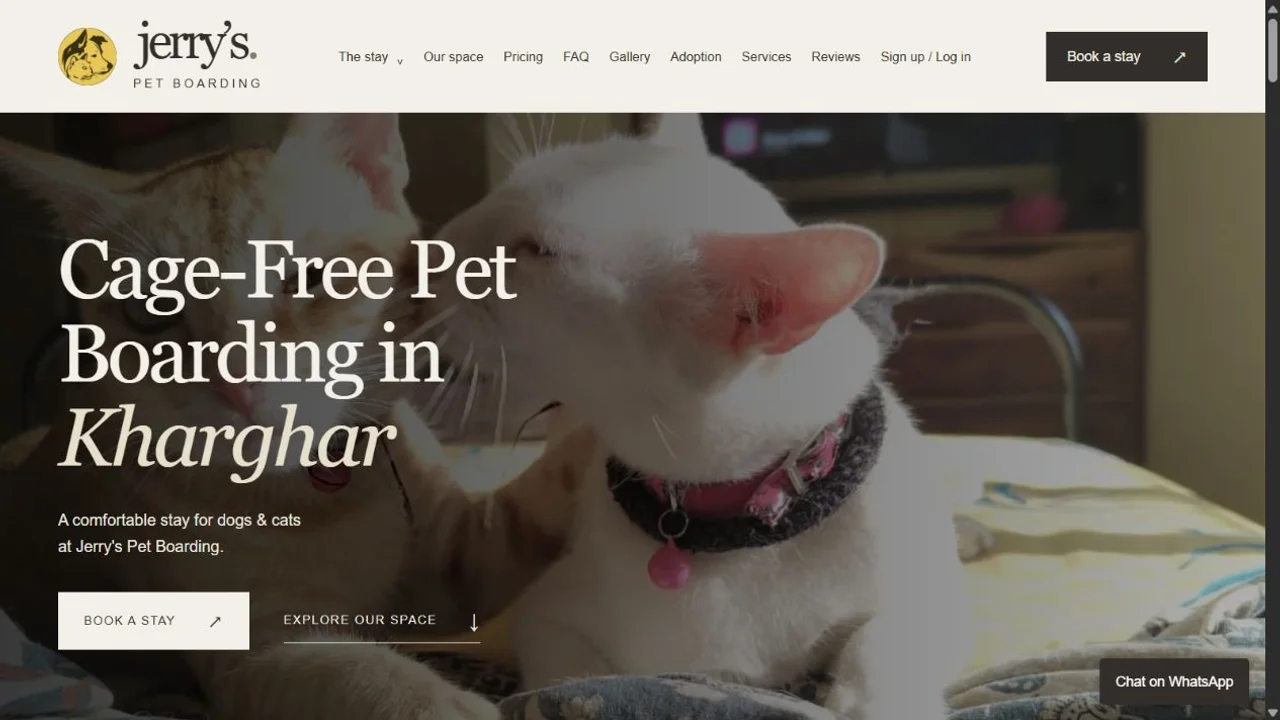 Actual Jerry’s Pet Boarding homepage featuring a cat and a booking call to action